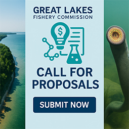 Graphic with text: “Great Lakes Fishery Commission – Call for Proposals – Submit Now,” with science-themed icons. Side panels show a forested shoreline and a close-up of a sea lamprey underwater.